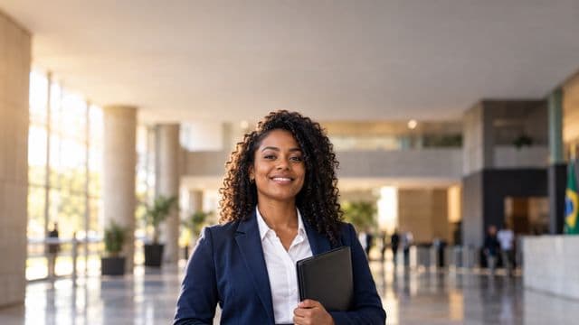 Servidora pública sorrindo, com blazer azul-marinho sobre camisa branca, segurando uma pasta, em o saguão amplo de um prédio público moderno
