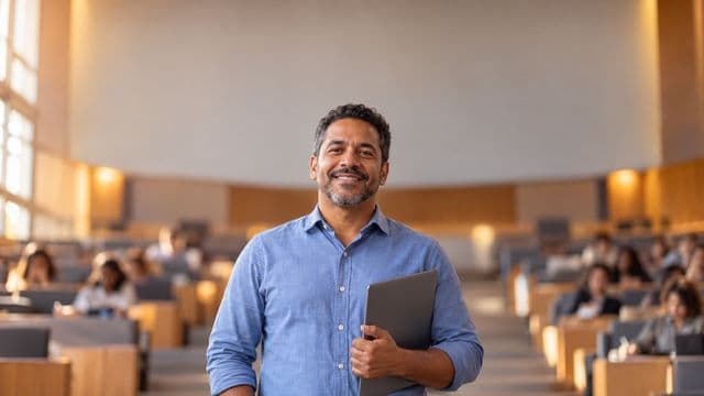 Professor universitário sorrindo, com camisa social azul, segurando um notebook, em um auditório universitário moderno