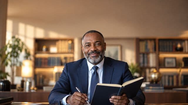 Advogado sorrindo, com terno azul-marinho e camisa branca, segurando um livro de capa lisa e uma caneta, em um escritório de advocacia elegante com estantes de livros