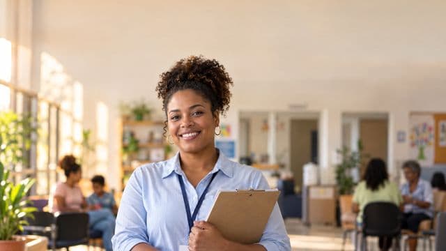 Assistente social sorrindo, com camisa azul-clara, segurando uma prancheta, em um centro de assistência social claro e acolhedor