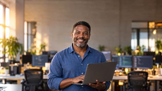 Profissional de tecnologia sorrindo, com camisa casual azul, segurando um notebook aberto, em um escritório de tecnologia moderno com monitores desfocados