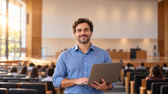 Professor universitário sorrindo, com camisa social azul, segurando um notebook, em um auditório universitário moderno