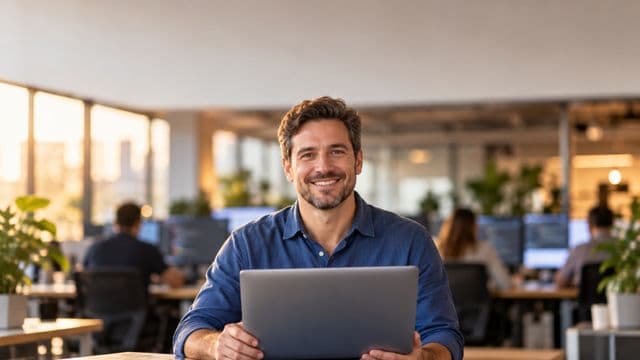 Profissional de tecnologia sorrindo, com camisa casual azul, segurando um notebook aberto, em um escritório de tecnologia moderno com monitores desfocados