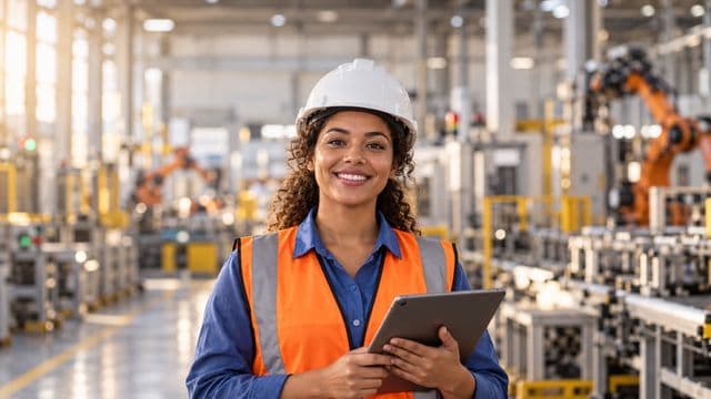 Engenheira de produção sorrindo, com capacete branco e colete laranja sobre camisa azul, segurando um tablet, em uma fábrica moderna com linha de produção e braços robóticos