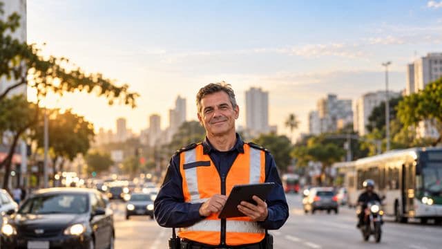 Agente de trânsito sorrindo, com colete refletivo laranja sobre uniforme azul, segurando um tablet, em uma avenida urbana movimentada
