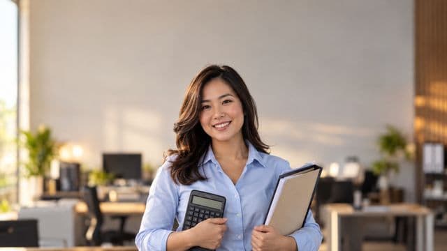 Contadora sorrindo, com camisa social azul-clara, segurando uma calculadora e uma pasta de documentos, em um escritório contábil moderno