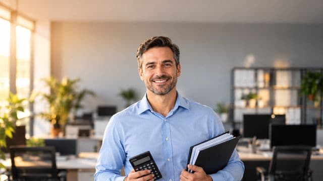 Contador sorrindo, com camisa social azul-clara, segurando uma calculadora e uma pasta de documentos, em um escritório contábil moderno