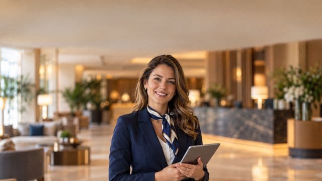 Profissional de turismo sorrindo, com blazer azul-marinho com lenço no pescoço, segurando um tablet, em o saguão de um hotel elegante