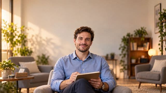 Psicólogo sorrindo, com camisa social azul, sem gravata, segurando um caderno de anotações, em um consultório de psicologia aconchegante com poltronas e plantas