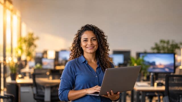 Desenvolvedora de software sorrindo, com camisa casual azul, segurando um notebook aberto, em um escritório de tecnologia moderno com monitores desfocados