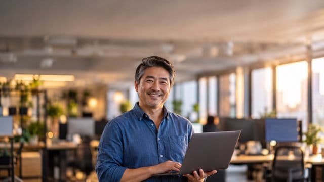 Desenvolvedor de software sorrindo, com camisa casual azul, segurando um notebook aberto, em um escritório de tecnologia moderno com monitores desfocados