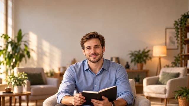 Psicólogo sorrindo, com camisa social azul, sem gravata, segurando um caderno de anotações, em um consultório de psicologia aconchegante com poltronas e plantas