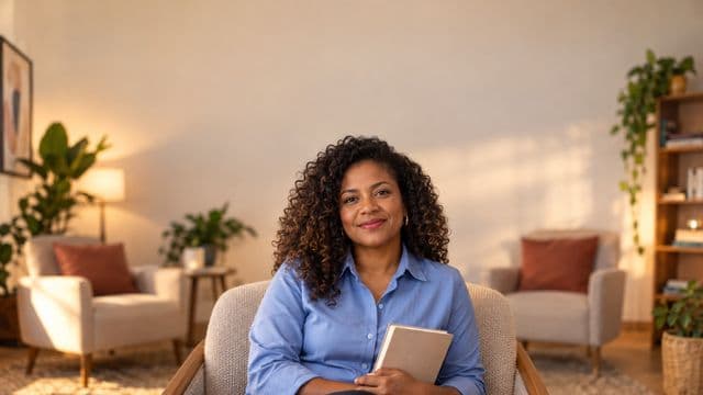 Psicóloga sorrindo, com camisa social azul, sem gravata, segurando um caderno de anotações, em um consultório de psicologia aconchegante com poltronas e plantas