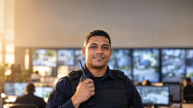 Profissional de segurança pública sorrindo, com farda azul-escura sem brasões, segurando um rádio comunicador, em uma central de monitoramento com telas