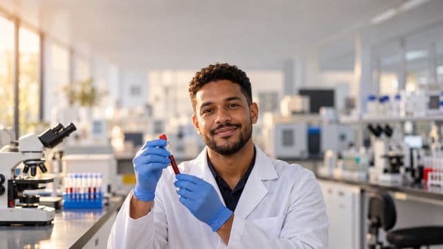 Biomédico sorrindo, com jaleco branco e luvas azuis, segurando um tubo de ensaio, em um laboratório de análises clínicas com microscópios e bancadas