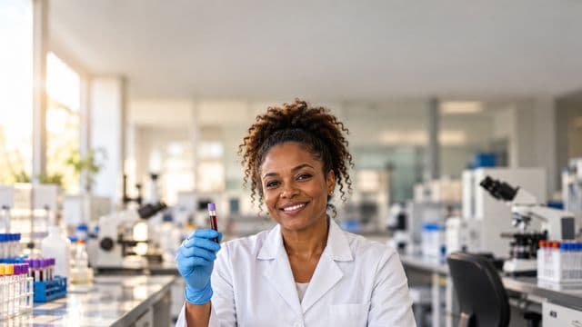 Biomédica sorrindo, com jaleco branco e luvas azuis, segurando um tubo de ensaio, em um laboratório de análises clínicas com microscópios e bancadas