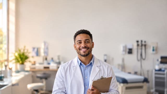 Profissional de saúde sorrindo, com jaleco branco sobre camisa azul-clara, segurando uma prancheta, em uma clínica moderna e bem iluminada