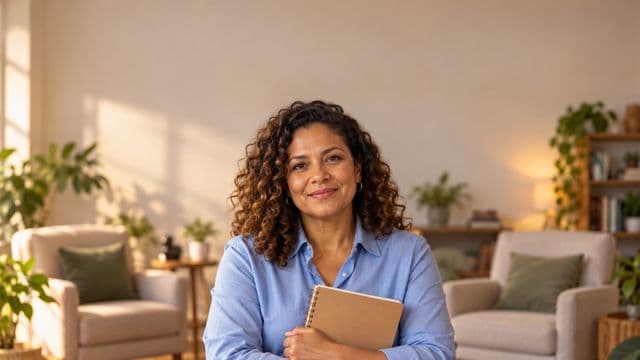Psicóloga sorrindo, com camisa social azul, sem gravata, segurando um caderno de anotações, em um consultório de psicologia aconchegante com poltronas e plantas