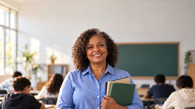Professora sorrindo, com camisa social azul, segurando livros de capa lisa, em uma sala de aula moderna e clara com alunos desfocados