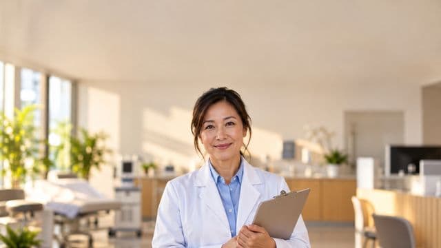 Profissional de saúde sorrindo, com jaleco branco sobre camisa azul-clara, segurando uma prancheta, em uma clínica moderna e bem iluminada