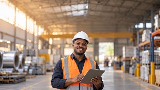 Técnico de segurança do trabalho sorrindo, com capacete branco e colete refletivo laranja, segurando um tablet, em um galpão industrial organizado