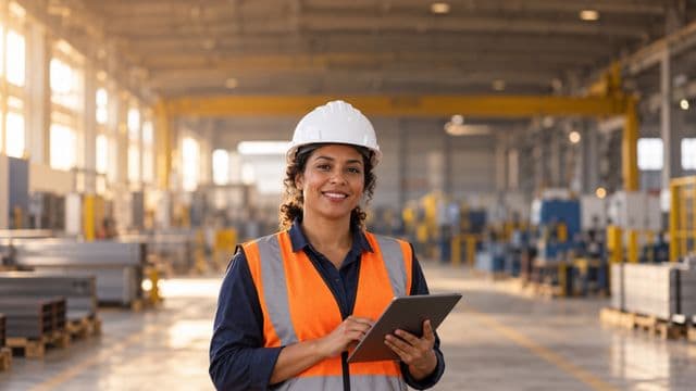 Técnica de segurança do trabalho sorrindo, com capacete branco e colete refletivo laranja, segurando um tablet, em um galpão industrial organizado