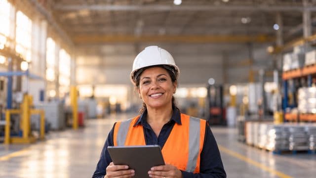 Técnica de segurança do trabalho sorrindo, com capacete branco e colete refletivo laranja, segurando um tablet, em um galpão industrial organizado