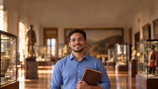 Professor de história sorrindo, com camisa social azul, segurando um livro antigo de capa lisa, em um museu histórico com vitrines desfocadas