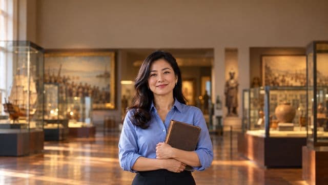 Professora de história sorrindo, com camisa social azul, segurando um livro antigo de capa lisa, em um museu histórico com vitrines desfocadas