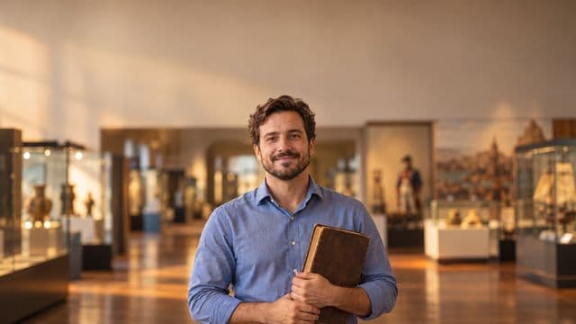 Professor de história sorrindo, com camisa social azul, segurando um livro antigo de capa lisa, em um museu histórico com vitrines desfocadas