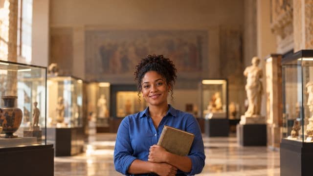 Professora de história sorrindo, com camisa social azul, segurando um livro antigo de capa lisa, em um museu histórico com vitrines desfocadas