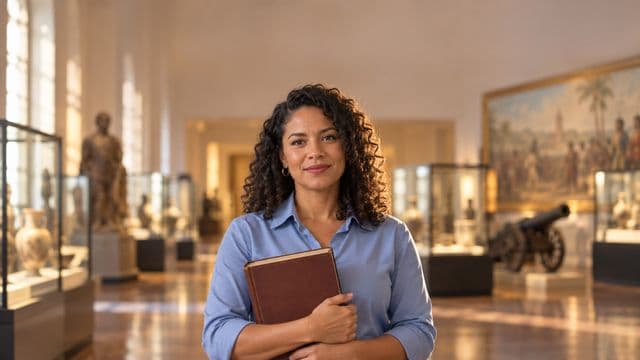 Professora de história sorrindo, com camisa social azul, segurando um livro antigo de capa lisa, em um museu histórico com vitrines desfocadas
