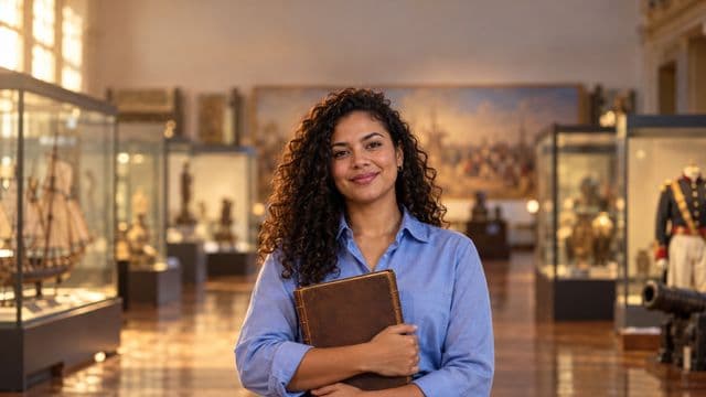 Professora de história sorrindo, com camisa social azul, segurando um livro antigo de capa lisa, em um museu histórico com vitrines desfocadas