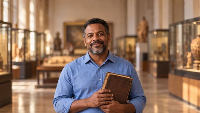 Professor de história sorrindo, com camisa social azul, segurando um livro antigo de capa lisa, em um museu histórico com vitrines desfocadas