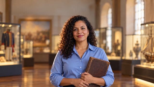 Professora de história sorrindo, com camisa social azul, segurando um livro antigo de capa lisa, em um museu histórico com vitrines desfocadas