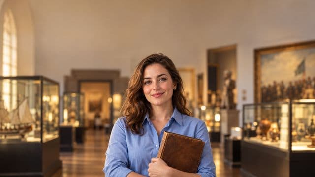 Professora de história sorrindo, com camisa social azul, segurando um livro antigo de capa lisa, em um museu histórico com vitrines desfocadas