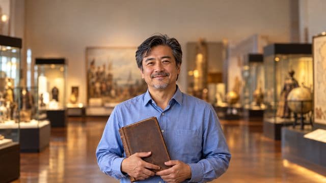 Professor de história sorrindo, com camisa social azul, segurando um livro antigo de capa lisa, em um museu histórico com vitrines desfocadas