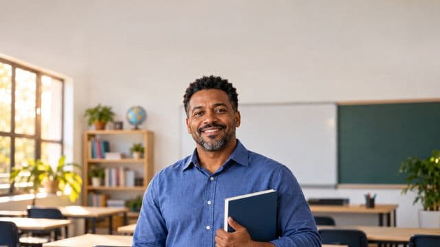 Professor de idiomas sorrindo, com camisa social azul, segurando um livro de capa lisa, em uma sala de aula de idiomas moderna