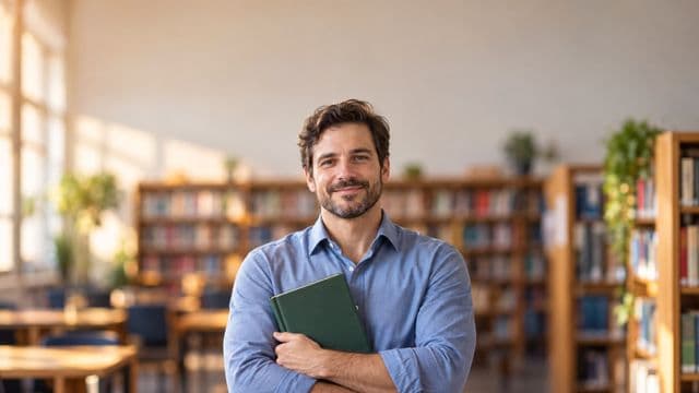 Professor de língua portuguesa sorrindo, com camisa social azul, segurando um livro de capa lisa, em uma biblioteca escolar com estantes