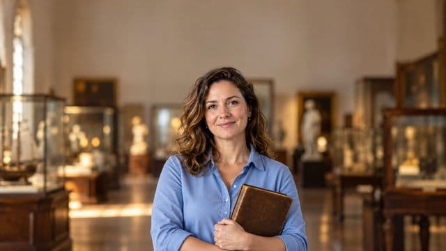 Professora de história sorrindo, com camisa social azul, segurando um livro antigo de capa lisa, em um museu histórico com vitrines desfocadas