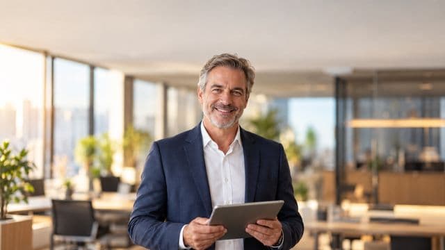 Profissional sorrindo, com blazer azul sobre camisa branca, segurando um tablet, em um escritório moderno e bem iluminado