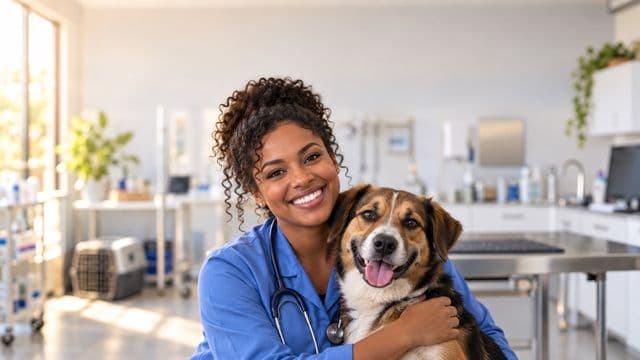 Médica veterinária sorrindo, com jaleco azul e estetoscópio, segurando com carinho um cachorro de porte médio, em uma clínica veterinária moderna e clara