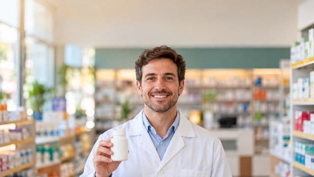 Farmacêutico sorrindo, com jaleco branco, segurando um frasco de medicamento sem rótulo legível, em uma farmácia moderna com prateleiras organizadas
