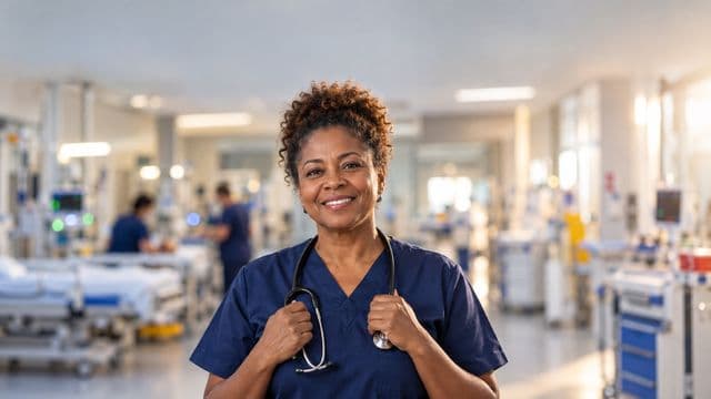 Profissional de emergência sorrindo, com uniforme azul-marinho de equipe de emergência, segurando um estetoscópio, em uma sala de emergência hospitalar moderna