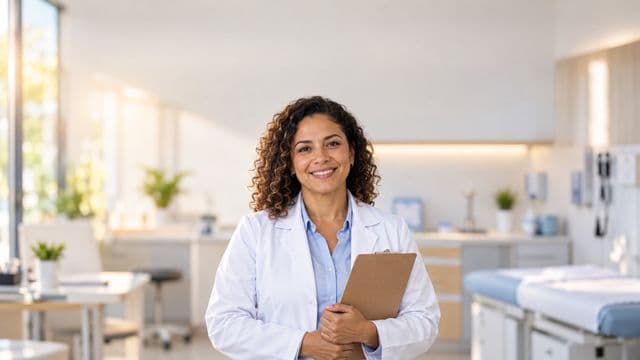 Profissional de saúde sorrindo, com jaleco branco sobre camisa azul-clara, segurando uma prancheta, em uma clínica moderna e bem iluminada
