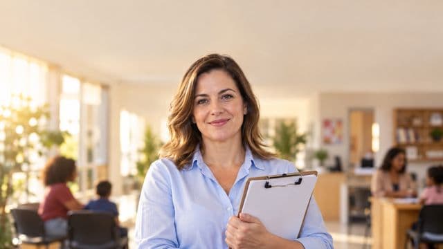 Assistente social sorrindo, com camisa azul-clara, segurando uma prancheta, em um centro de assistência social claro e acolhedor