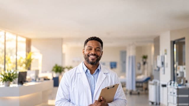Profissional de saúde sorrindo, com jaleco branco sobre camisa azul-clara, segurando uma prancheta, em uma clínica moderna e bem iluminada
