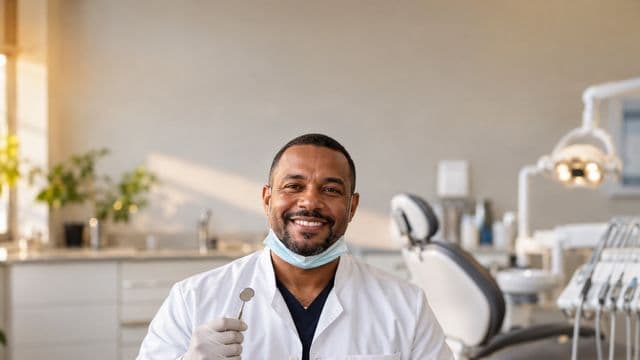 Dentista sorrindo, com jaleco branco e máscara abaixada no queixo, segurando um espelho odontológico, em um consultório odontológico moderno com cadeira e refletor