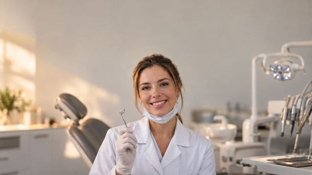 Dentista sorrindo, com jaleco branco e máscara abaixada no queixo, segurando um espelho odontológico, em um consultório odontológico moderno com cadeira e refletor