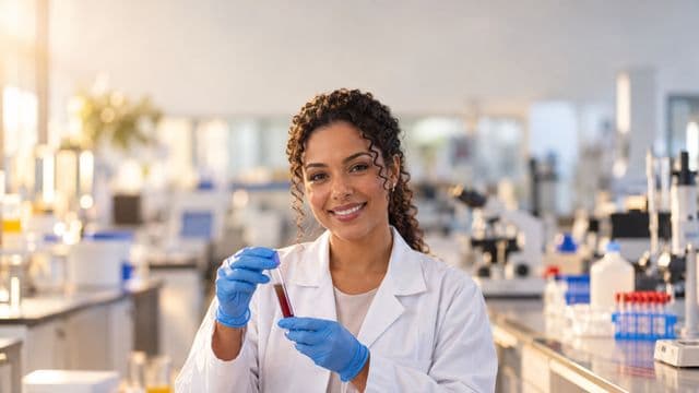 Biomédica sorrindo, com jaleco branco e luvas azuis, segurando um tubo de ensaio, em um laboratório de análises clínicas com microscópios e bancadas